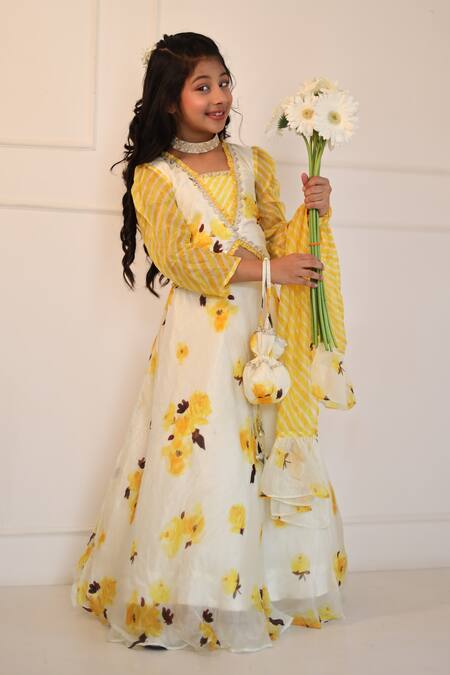 Kirti Agarwal - Pret N Couture_Off White Satin, Organza, Cotton, Silk Floral Print Crop Top And Lehenga Set_at_Aza_Fashions