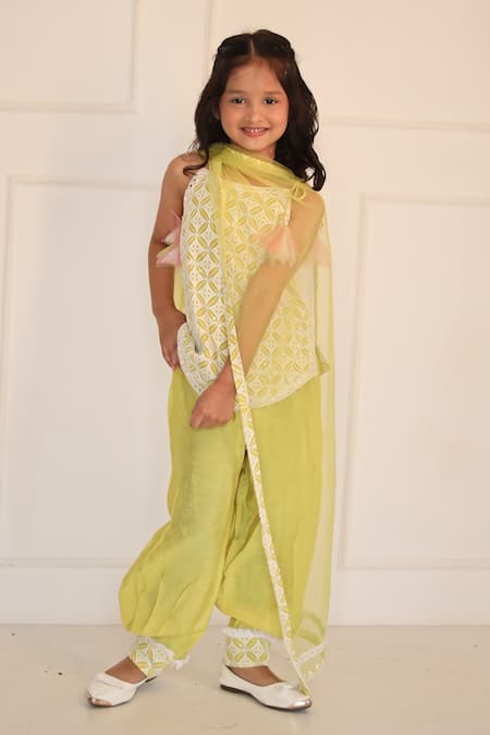 Buy_Kirti Agarwal - Pret N Couture_Green Chanderi Silk, Net, Linen, Cotton Embroidery Kurta Set _Online_at_Aza_Fashions