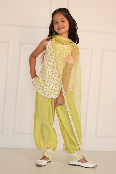 Shop_Kirti Agarwal - Pret N Couture_Green Chanderi Silk, Net, Linen, Cotton Embroidery Kurta Set _Online_at_Aza_Fashions