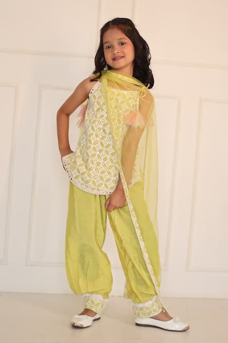 Kirti Agarwal - Pret N Couture_Green Chanderi Silk, Net, Linen, Cotton Embroidery Kurta Set _at_Aza_Fashions