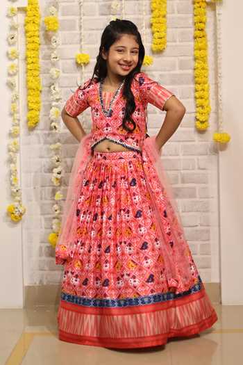Kirti Agarwal - Pret N Couture_Red Modal, Satin, Net, Cotton Gota Patti Patola Print Lehenga Set _Online_at_Aza_Fashions