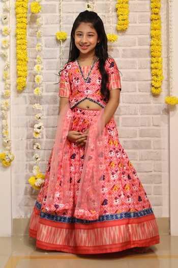 Buy_Kirti Agarwal - Pret N Couture_Red Modal, Satin, Net, Cotton Gota Patti Patola Print Lehenga Set _Online_at_Aza_Fashions