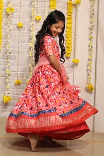 Shop_Kirti Agarwal - Pret N Couture_Red Modal, Satin, Net, Cotton Gota Patti Patola Print Lehenga Set _Online_at_Aza_Fashions