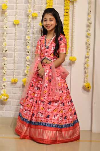 Kirti Agarwal - Pret N Couture_Red Modal, Satin, Net, Cotton Gota Patti Patola Print Lehenga Set _at_Aza_Fashions