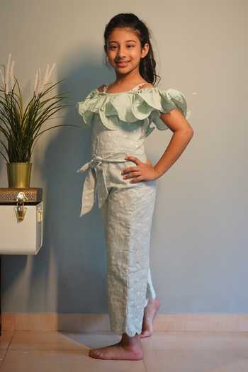 Kirti Agarwal - Pret N Couture_Green Linen Embroidery Floral Jumpsuit _Online_at_Aza_Fashions