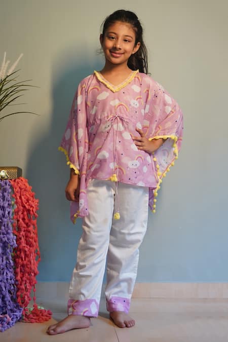 Buy_Kirti Agarwal - Pret N Couture_Pink Modal, Cotton Tassels Printed Kaftan And Pant Set _Online_at_Aza_Fashions