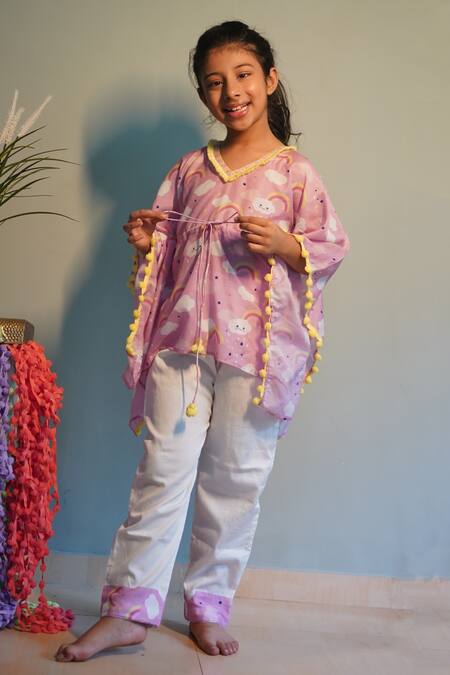 Kirti Agarwal - Pret N Couture_Pink Modal, Cotton Tassels Printed Kaftan And Pant Set _at_Aza_Fashions