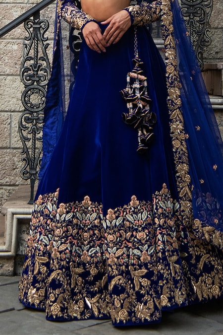 Buy Bridal Wear Navy Blue Dori Work Velvet Lehenga Choli Online From Surat  Wholesale Shop.