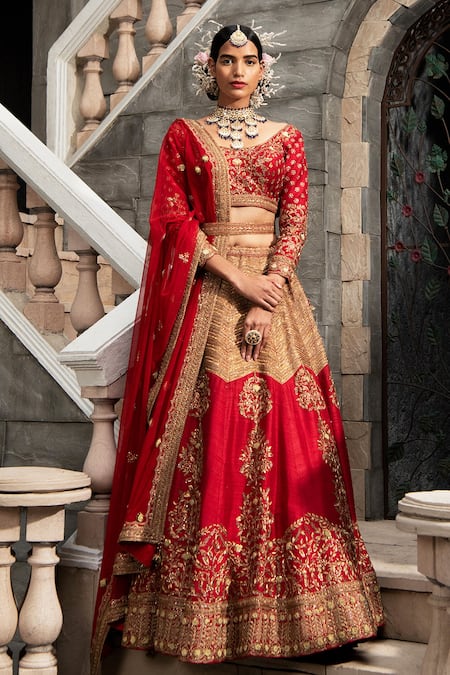 Kaaisha by Shalini Maroon Silk Scoop Neck Embroidered Bridal Lehenga Set 