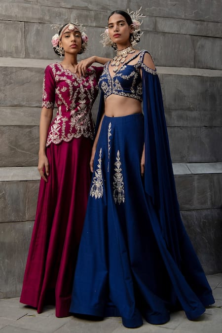 Shop_Kaaisha By Shalini_Blue Silk V Neck Cape Sleeves Blouse And Lehenga Set _at_Aza_Fashions