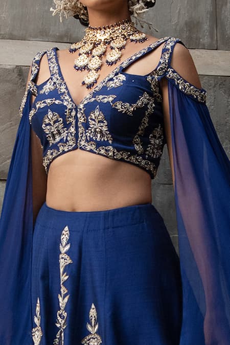Kaaisha By Shalini_Blue Silk V Neck Cape Sleeves Blouse And Lehenga Set _Online_at_Aza_Fashions