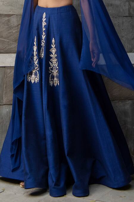 Buy_Kaaisha By Shalini_Blue Silk V Neck Cape Sleeves Blouse And Lehenga Set _Online_at_Aza_Fashions