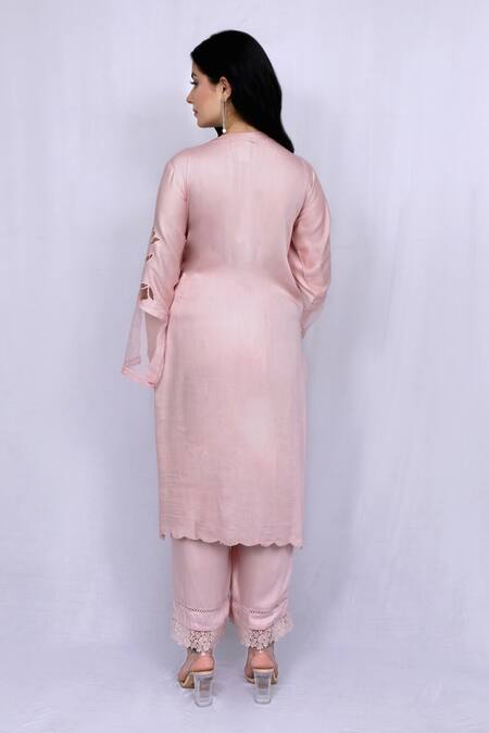 Shop_Ewaz_Pink Modal Satin Floral Round Cutwork Kurta Set _at_Aza_Fashions