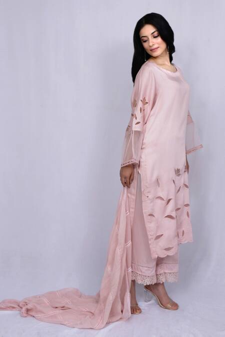 Ewaz_Pink Modal Satin Floral Round Cutwork Kurta Set _Online_at_Aza_Fashions