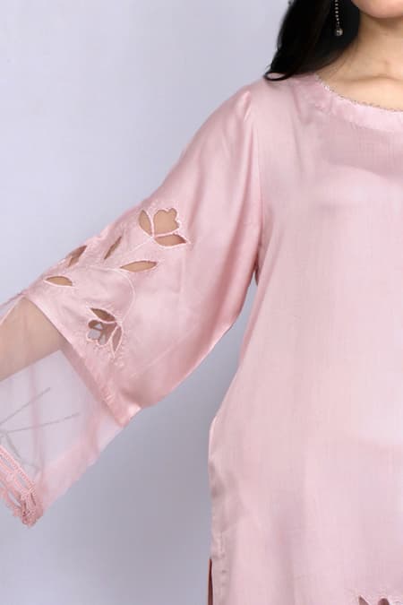Shop_Ewaz_Pink Modal Satin Floral Round Cutwork Kurta Set _Online_at_Aza_Fashions