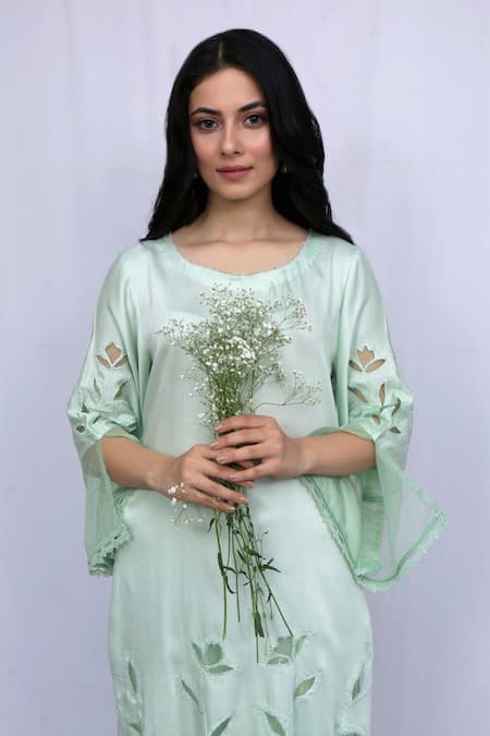Buy_Ewaz_Green Organza, Modal Satin, Kota Floral Round Cutwork Kurta Set _Online_at_Aza_Fashions