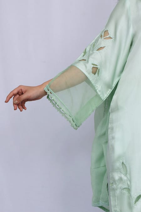 Shop_Ewaz_Green Organza, Modal Satin, Kota Floral Round Cutwork Kurta Set _Online_at_Aza_Fashions