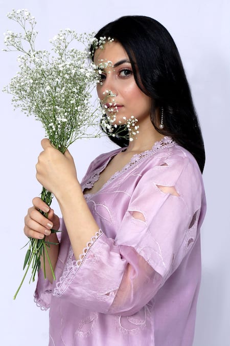 Shop_Ewaz_Purple Organza, Chanderi, Moss Crepe Floral V Neck Embroidered Tunic And Pant Set _Online_at_Aza_Fashions