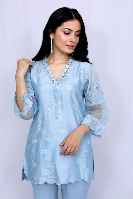 Shop_Ewaz_Blue Organza, Chanderi, Moss Crepe Floral V Neck Embroidered Tunic And Pant Set _Online_at_Aza_Fashions