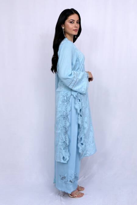 Ewaz_Blue Cotton, Chiffon, Modal Satin Alyssum Motifs V Floral Embroidered Kurta Set _Online_at_Aza_Fashions