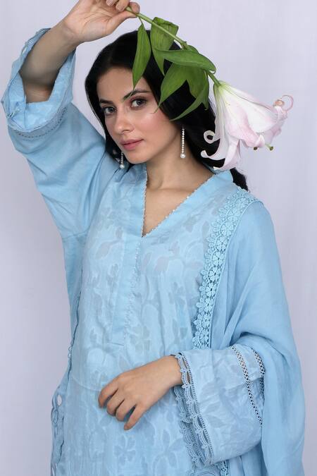 Buy_Ewaz_Blue Cotton, Chiffon, Modal Satin Alyssum Motifs V Floral Embroidered Kurta Set _Online_at_Aza_Fashions