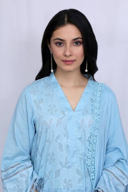Shop_Ewaz_Blue Cotton, Chiffon, Modal Satin Alyssum Motifs V Floral Embroidered Kurta Set _Online_at_Aza_Fashions