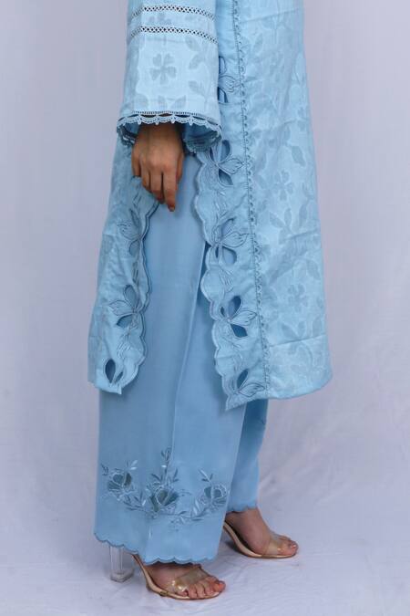 Ewaz_Blue Cotton, Chiffon, Modal Satin Alyssum Motifs V Floral Embroidered Kurta Set _at_Aza_Fashions