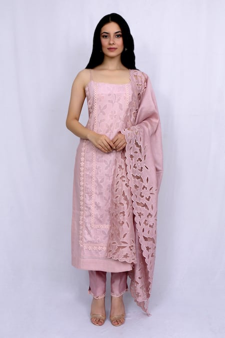 Ewaz Pink Cotton Silk Embroidered Floral Straight Kurta Set 