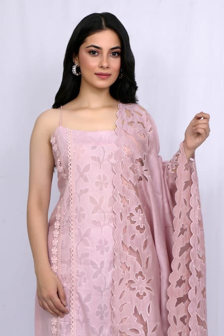 Buy_Ewaz_Pink Chanderi, Cotton Silk Floral Straight Embroidered Kurta Set _Online_at_Aza_Fashions
