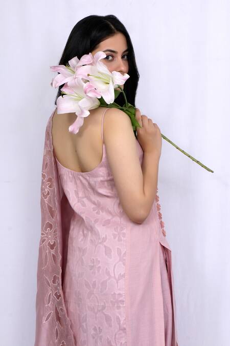 Shop_Ewaz_Pink Chanderi, Cotton Silk Floral Straight Embroidered Kurta Set _Online_at_Aza_Fashions