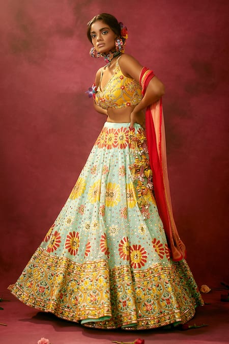 Update more than 165 blue lehenga with yellow blouse