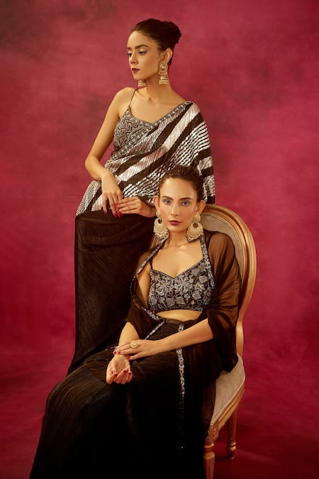 Buy_Kaaisha By Shalini_Black Lycra And Silk Embroidery Cutdana & Sequin Scoop Neck Saree With Blouse_Online_at_Aza_Fashions