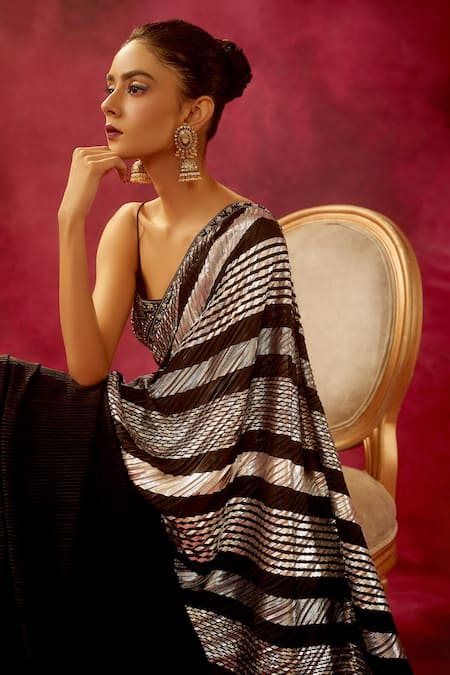 Shop_Kaaisha By Shalini_Black Lycra And Silk Embroidery Cutdana & Sequin Scoop Neck Saree With Blouse_Online_at_Aza_Fashions