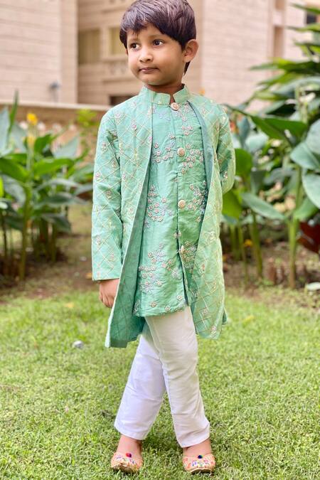 Kirti Agarwal - Pret N Couture_Green Chanderi, Cotton, Silk Embroidery Draped Kurta And Pant Set_Online_at_Aza_Fashions
