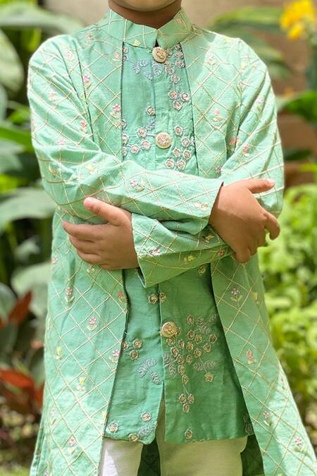 Shop_Kirti Agarwal - Pret N Couture_Green Chanderi, Cotton, Silk Embroidery Draped Kurta And Pant Set_Online_at_Aza_Fashions