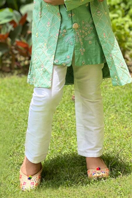 Kirti Agarwal - Pret N Couture_Green Chanderi, Cotton, Silk Embroidery Draped Kurta And Pant Set_at_Aza_Fashions
