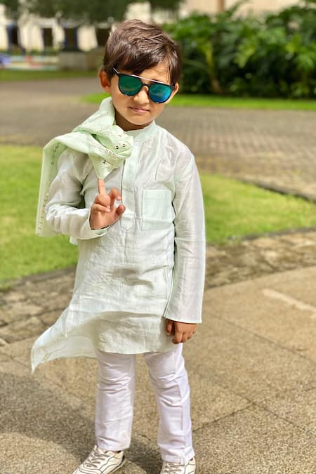 Kirti Agarwal - Pret N Couture_Green Chanderi, Cotton, Silk Embroidery Mint Bundi And Kurta Set _Online_at_Aza_Fashions