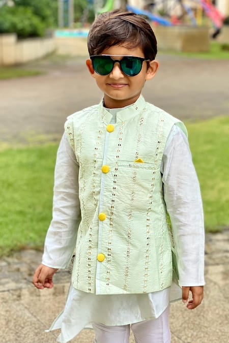 Buy_Kirti Agarwal - Pret N Couture_Green Chanderi, Cotton, Silk Embroidery Mint Bundi And Kurta Set _Online_at_Aza_Fashions