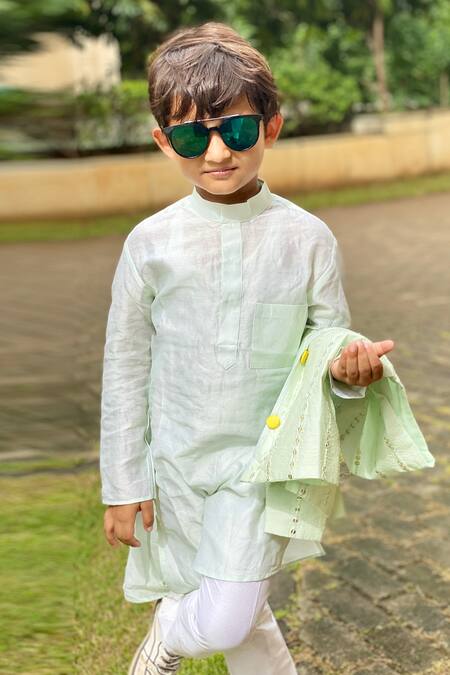 Shop_Kirti Agarwal - Pret N Couture_Green Chanderi, Cotton, Silk Embroidery Mint Bundi And Kurta Set _Online_at_Aza_Fashions