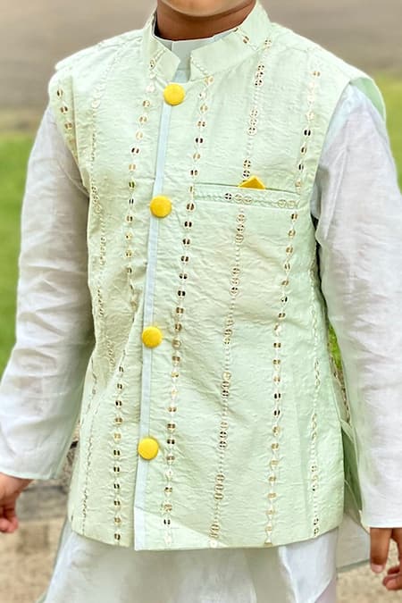 Kirti Agarwal - Pret N Couture_Green Chanderi, Cotton, Silk Embroidery Mint Bundi And Kurta Set _at_Aza_Fashions