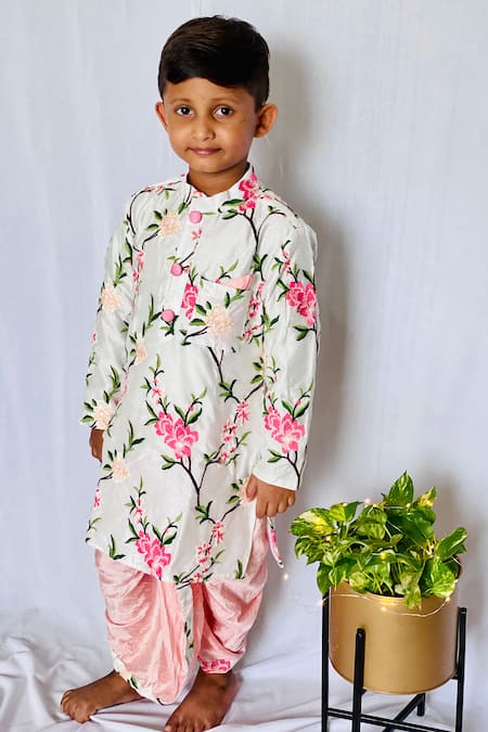 Kirti Agarwal - Pret N Couture_Peach Chanderi, Silk Embroidery Printed Kurta And Dhoti Pant Set _Online_at_Aza_Fashions