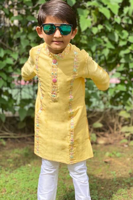 Buy Kirti Agarwal - Pret N Couture Yellow Chanderi, Cotton Satin, Cotton, Silk Embroidery Kurta And Pant Set Online at Aza Fashions Buy_Kirti Agarwal - Pret N Couture_Yellow Chanderi, Cotton Satin, Cotton, Silk Embroidery Kurta And Pant Set _Online_at_Aza_Fashions