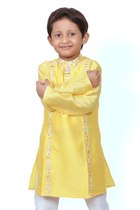 Shop Kirti Agarwal - Pret N Couture Yellow Chanderi, Cotton Satin, Cotton, Silk Embroidery Kurta And Pant Set Online at Aza Fashions Shop_Kirti Agarwal - Pret N Couture_Yellow Chanderi, Cotton Satin, Cotton, Silk Embroidery Kurta And Pant Set _Online_at_Aza_Fashions