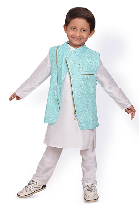 Buy_Kirti Agarwal - Pret N Couture_Blue Silk, , Satin Embroidery Jacket And Kurta Set _Online_at_Aza_Fashions