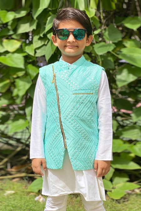 Shop_Kirti Agarwal - Pret N Couture_Blue Silk, , Satin Embroidery Jacket And Kurta Set _Online_at_Aza_Fashions