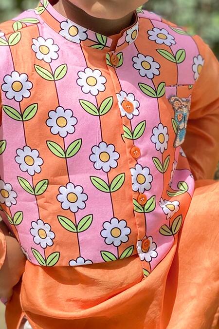 Shop_Kirti Agarwal - Pret N Couture_Pink Chanderi , , Satin, Floral Printed Bundi And Kurta Set _Online_at_Aza_Fashions