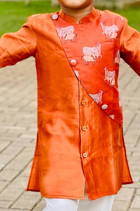 Shop Kirti Agarwal - Pret N Couture Orange Chanderi Silk, Satin, Printed Kurta Set Online at Aza Fashions Shop_Kirti Agarwal - Pret N Couture_Orange Chanderi Silk, Satin, Printed Kurta Set _Online_at_Aza_Fashions