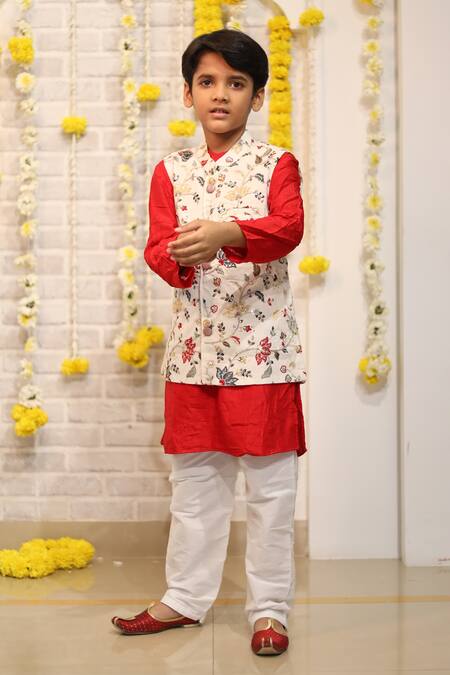 Kirti Agarwal - Pret N Couture_Off White Cotton, Denim Embroidery, Sequins Floral Bundi And Kurta Set_Online_at_Aza_Fashions