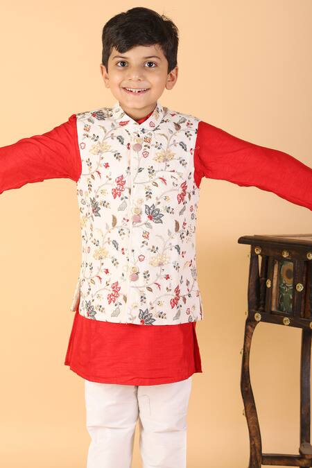 Kirti Agarwal - Pret N Couture_Off White Cotton, Denim Embroidery, Sequins Floral Bundi And Kurta Set_at_Aza_Fashions