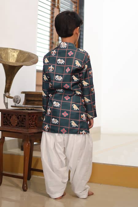 Shop_Kirti Agarwal - Pret N Couture_Green Satin, Linen, Embroidery Printed Kurta Set _at_Aza_Fashions